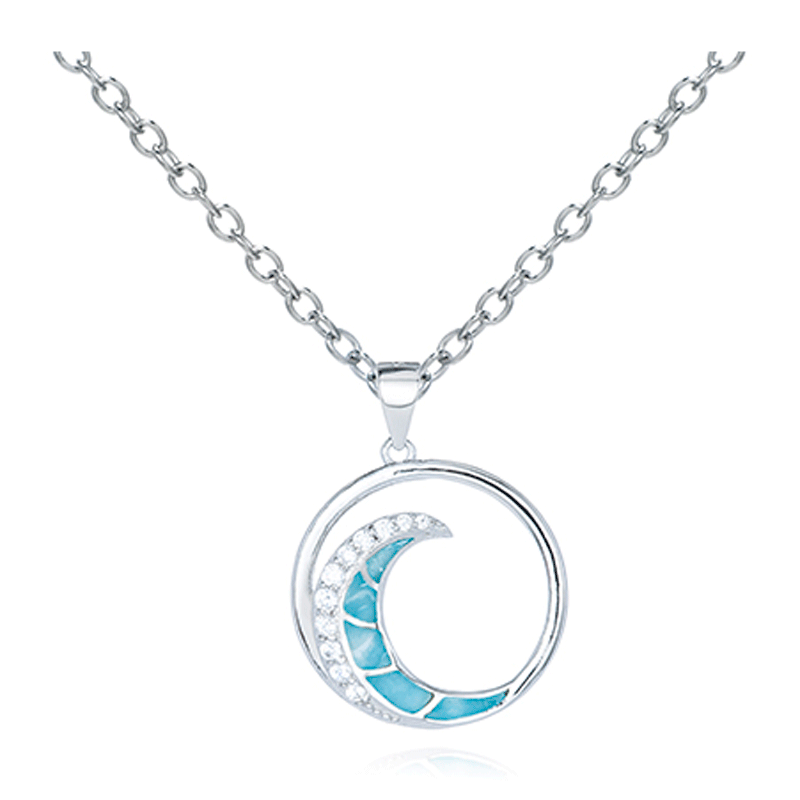 Sterling Silver Larimar with CZ Wave Necklace